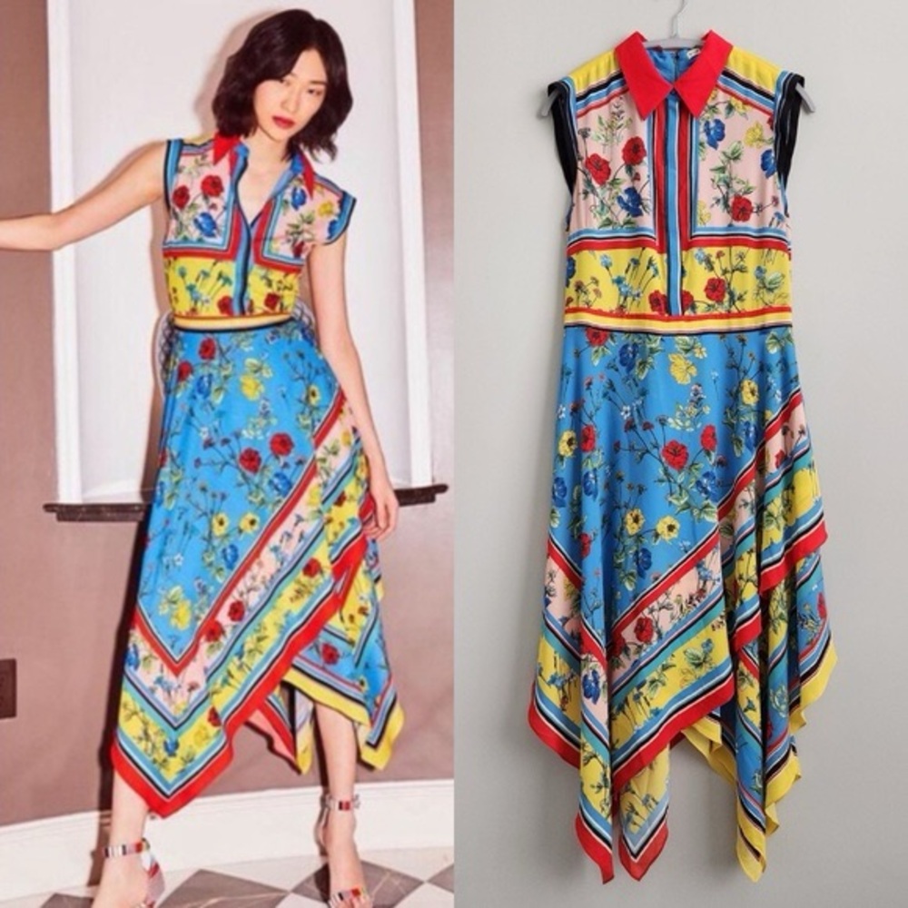 Alice + Olivia Farrah Collared Handkerchief Dress multi-color print size 6